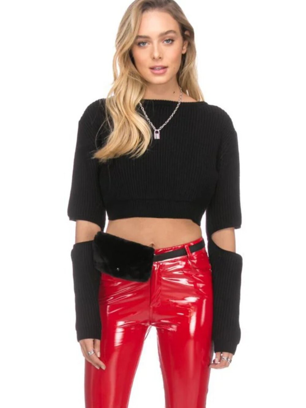 🖤 Adika Black Cut-Out Elbow Sleeves Ribbed Knit Cropped Sweater